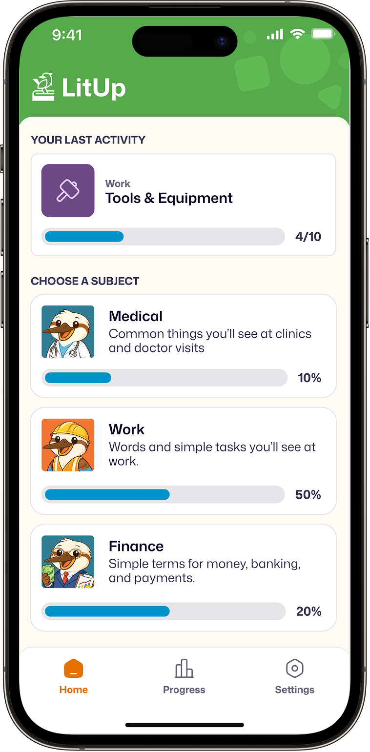 LitUp app home screen showing recent activity and subjects