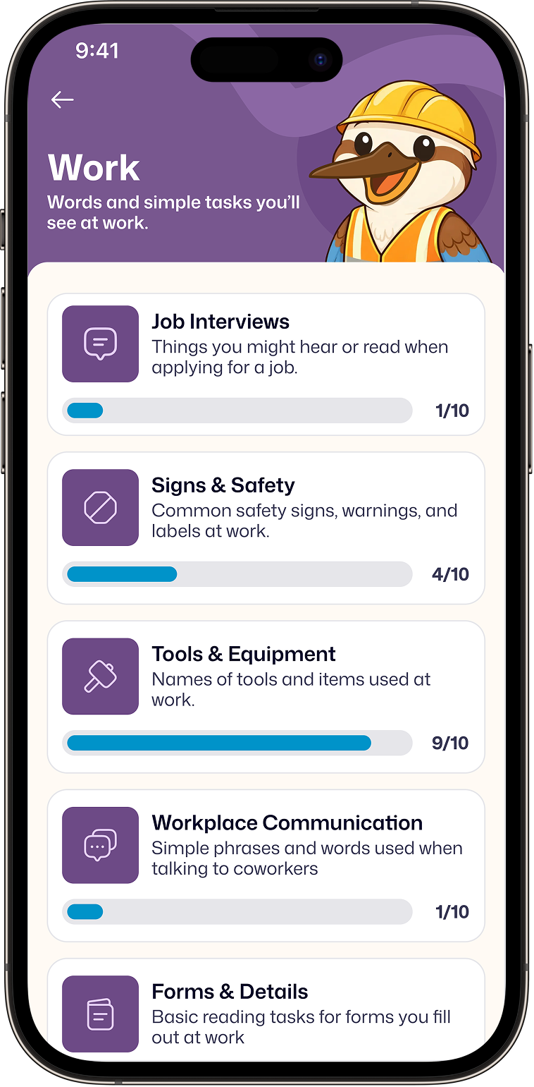 LitUp app Work topic screen listing workplace lessons