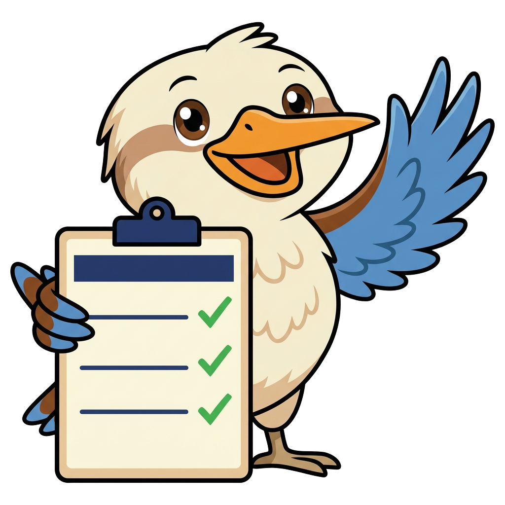 Kooka the kookaburra waving and holding a signup board